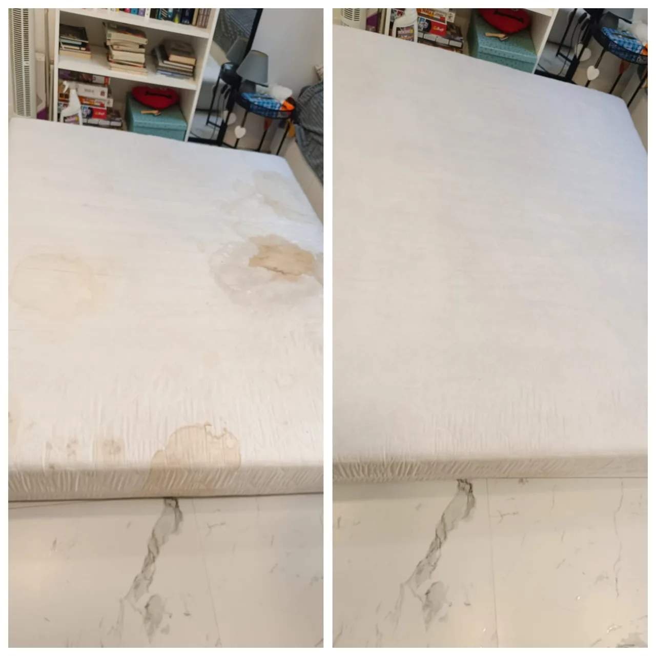 Materac przed i po czyszczeniu - usunięte plamy i odświeżona jasna powierzchnia do spania